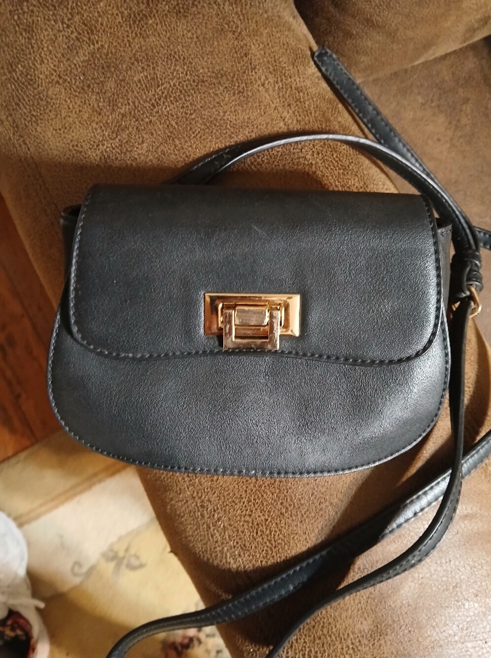 Black Faux Leather Crossbody Bag with Herringbone Lining